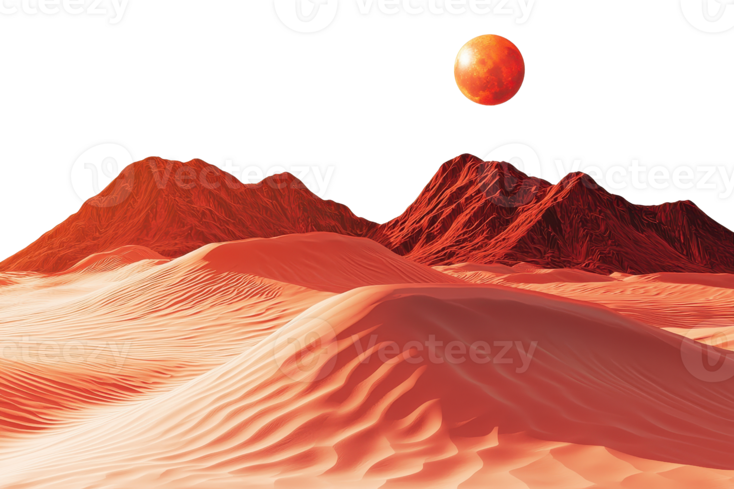 Surreal red desert landscape with sand dunes and distant mountains under an orange sun, evoking an otherworldly, extraterrestrial atmosphere. png