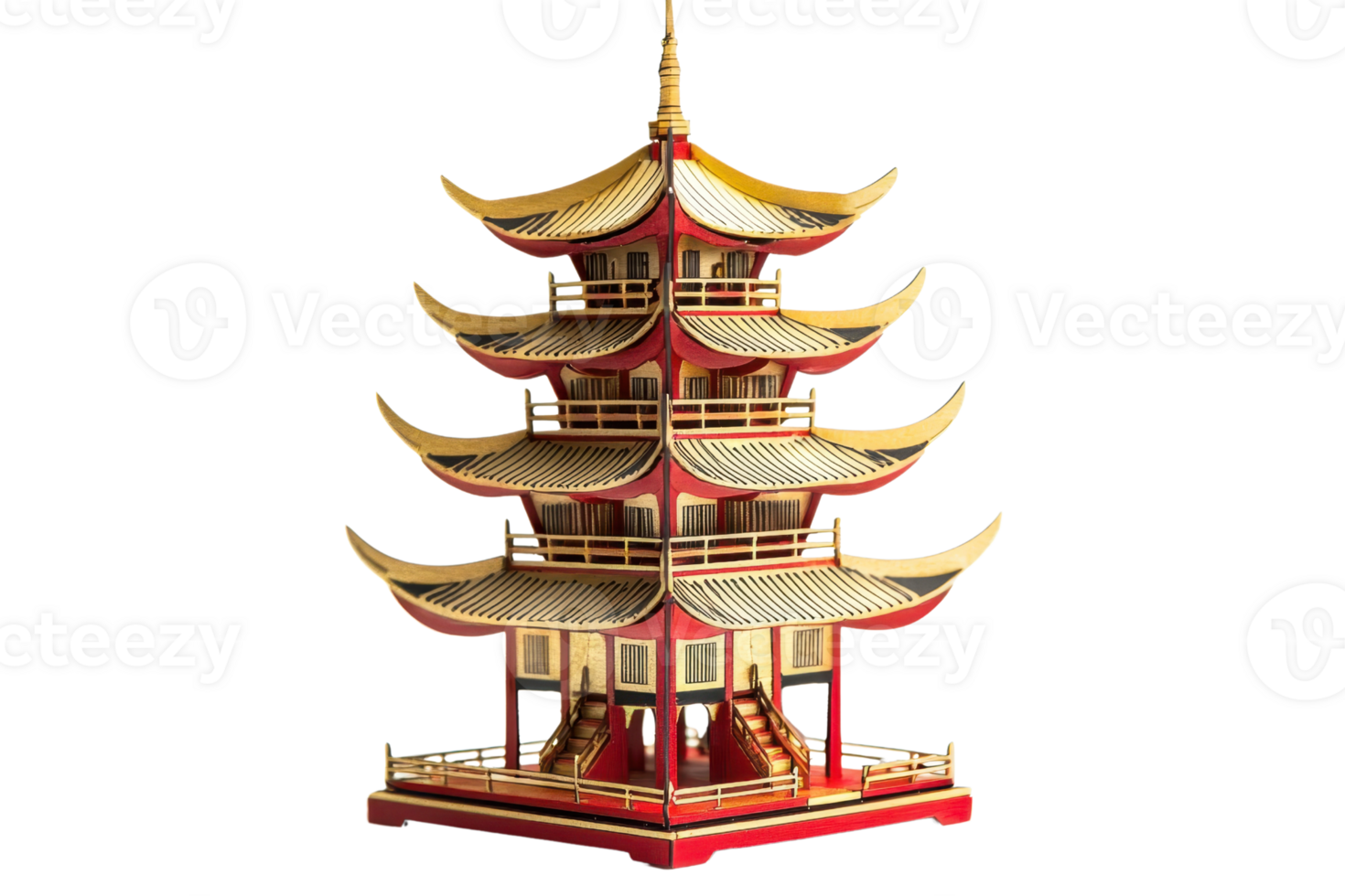 Traditional Asian pagoda model with intricate design and vibrant colors, showcasing architectural beauty against a plain background. png