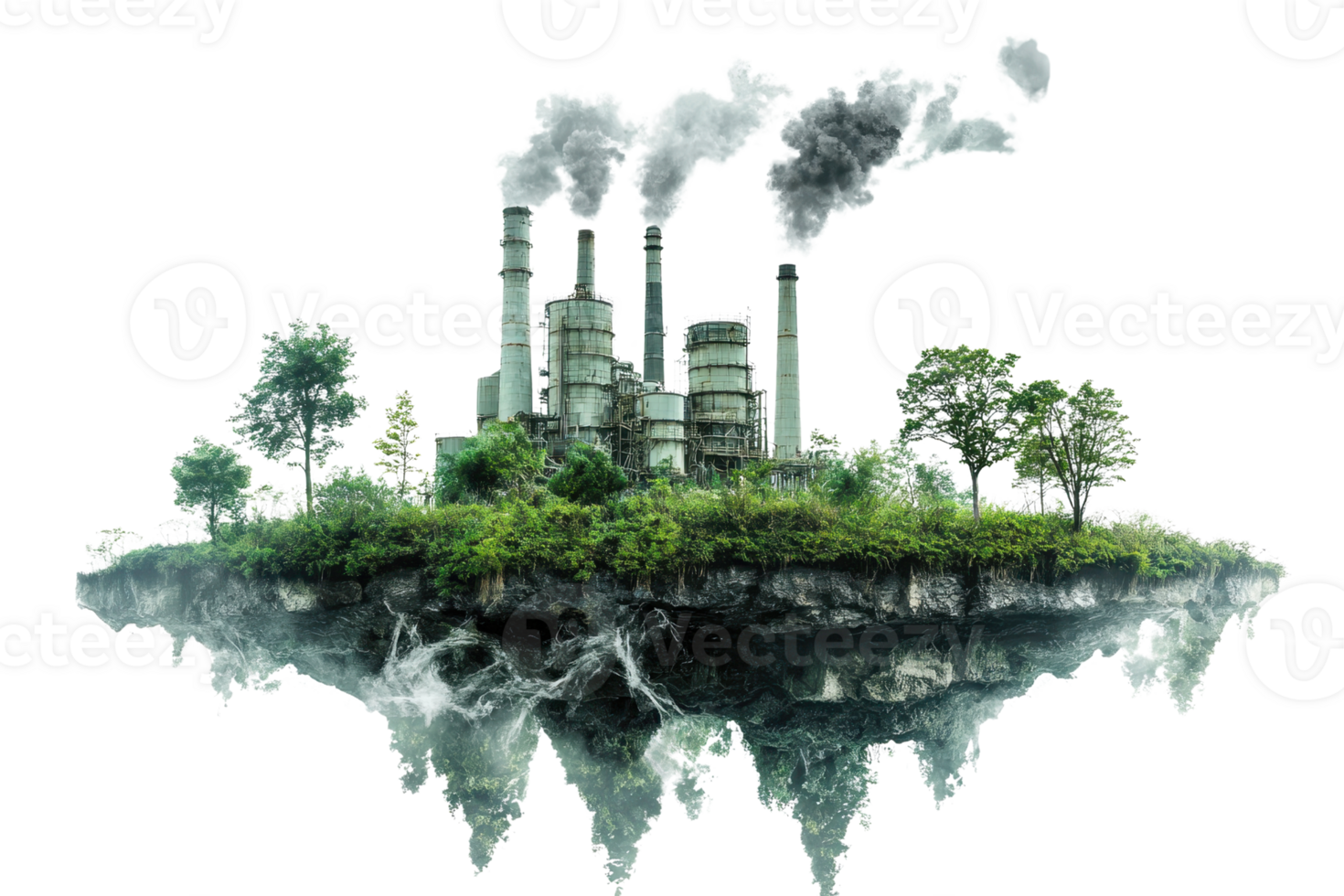 Surreal floating island with industrial buildings and trees, depicting environmental contrast and urban nature balance. png