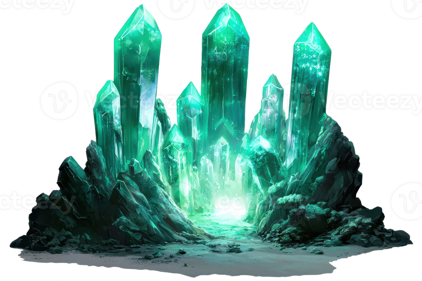Stunning green crystals illuminated by light, creating a mystical and magical atmosphere in a serene arrangement. png