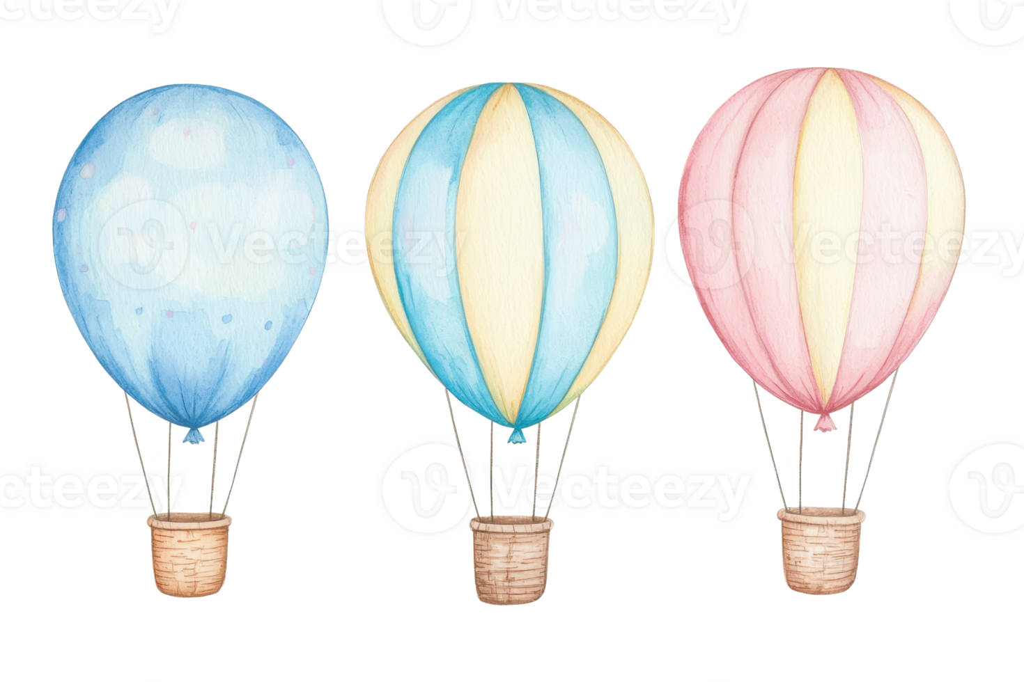 Three watercolor hot air balloons in blue, yellow, and pink, floating in mid-air with soft, whimsical designs. Perfect for whimsical decor. png