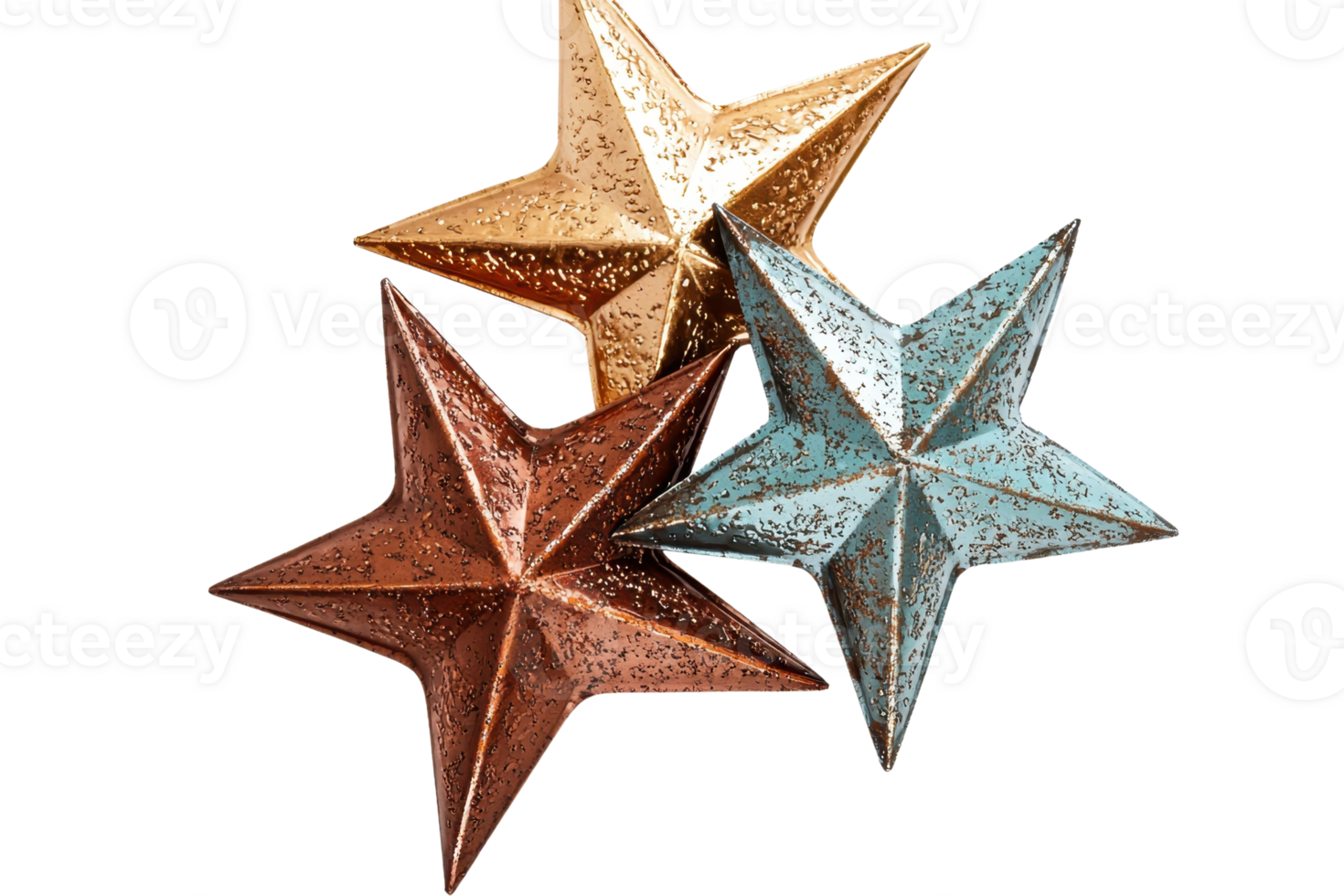 Three metallic star decorations in copper, gold, and silver finishes, showcasing a vibrant blend of rich textures and shimmering hues. png