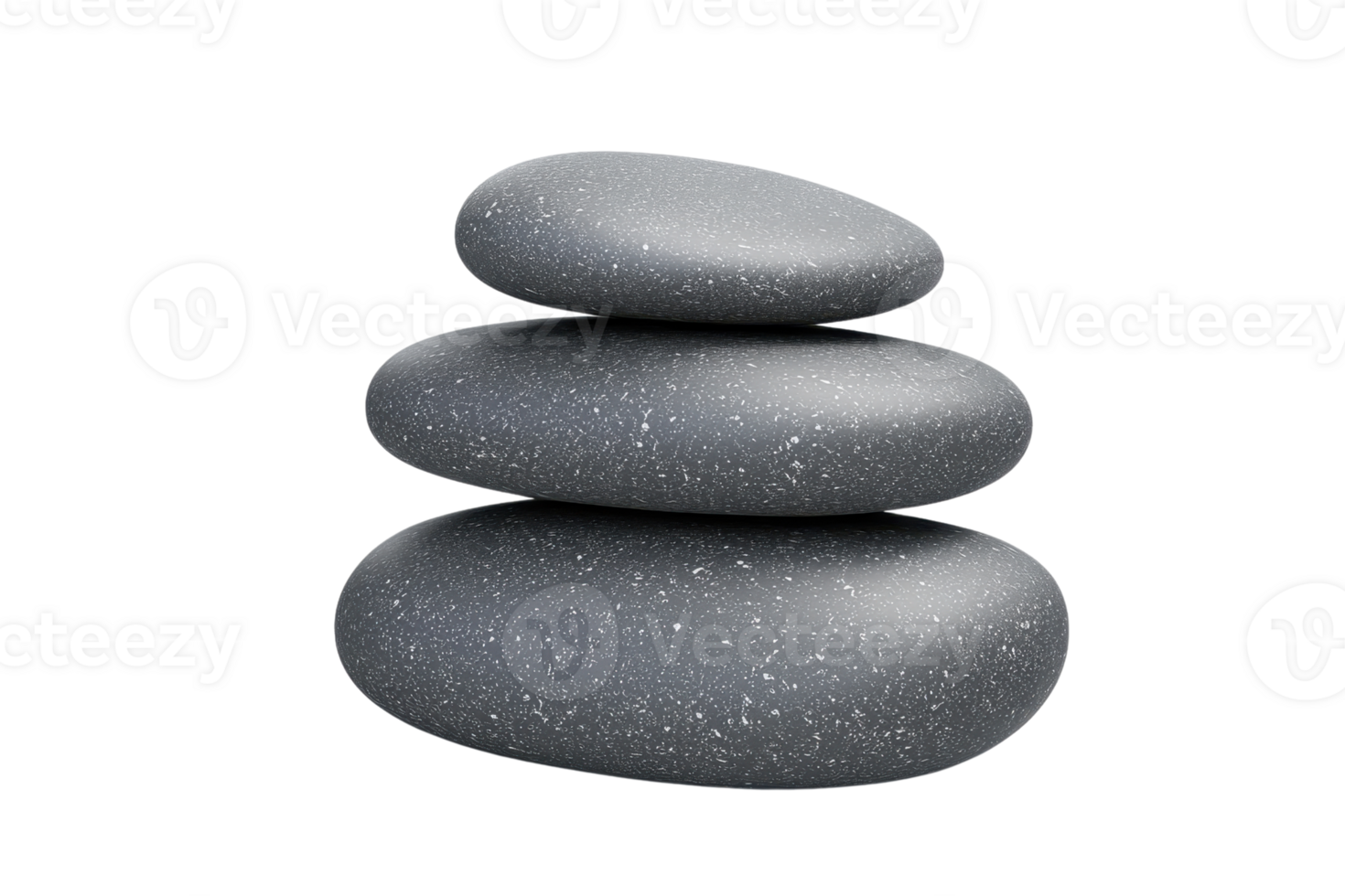 Three smooth black stones stacked for balance and serenity, symbolizing zen and relaxation in a minimalist setup on a transparent background. png