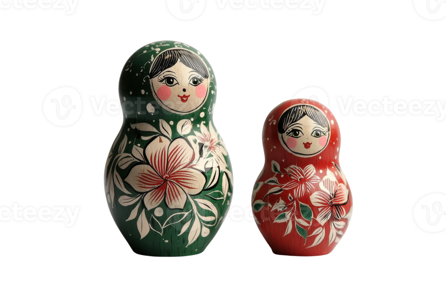 Two intricate nesting dolls with floral patterns beautifully painted, showcasing traditional craftsmanship and vibrant colors on a transparent background. png