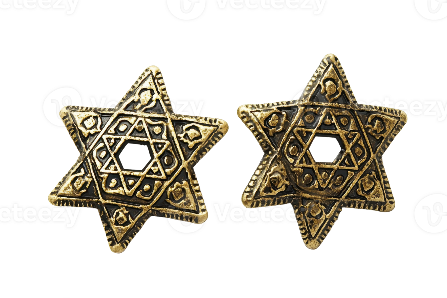 Two brass Star of David ornaments shown against a transparent background. perfect for religious and cultural imagery. png