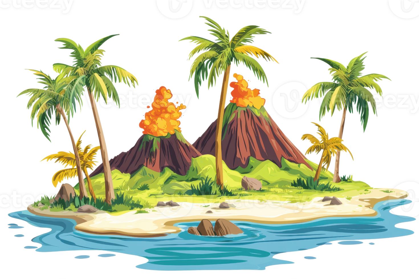 Tropical island with lush palm trees and active volcanoes, surrounded by crystal-clear water, capturing the essence of nature's fiery beauty. png