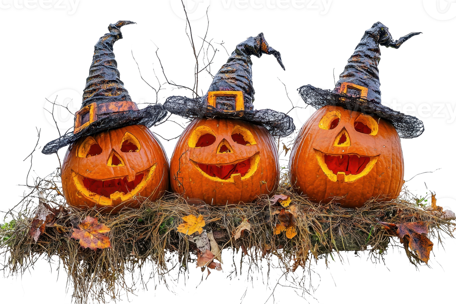 Three festive pumpkin jack-o'-lanterns wearing witch hats, surrounded by autumn leaves, perfect for Halloween decoration and seasonal celebration. png