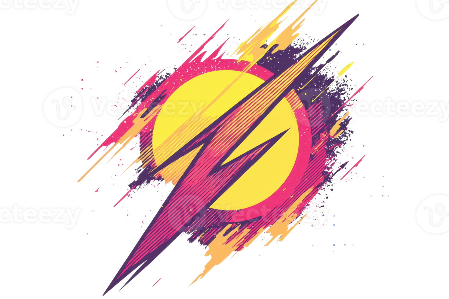 Vibrant abstract lightning bolt design with dynamic lines and bright colors against a bold circular background, showcasing energy and movement. png