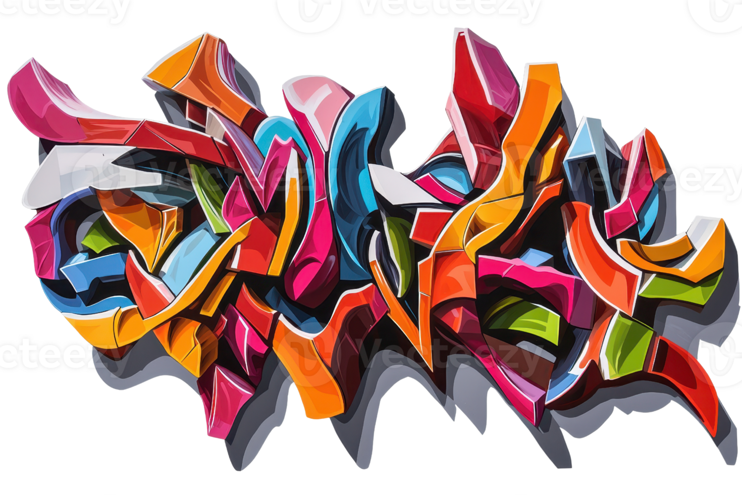 Vibrant abstract graffiti art mural with colorful 3D designs, showcasing urban street creativity and bold artistic expression. png