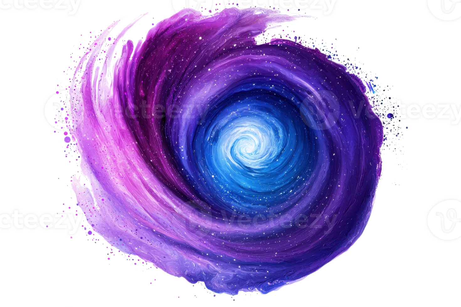 Vibrant abstract painting of a swirling galaxy in purple and blue tones, evoking a sense of mystery and cosmic wonder. png