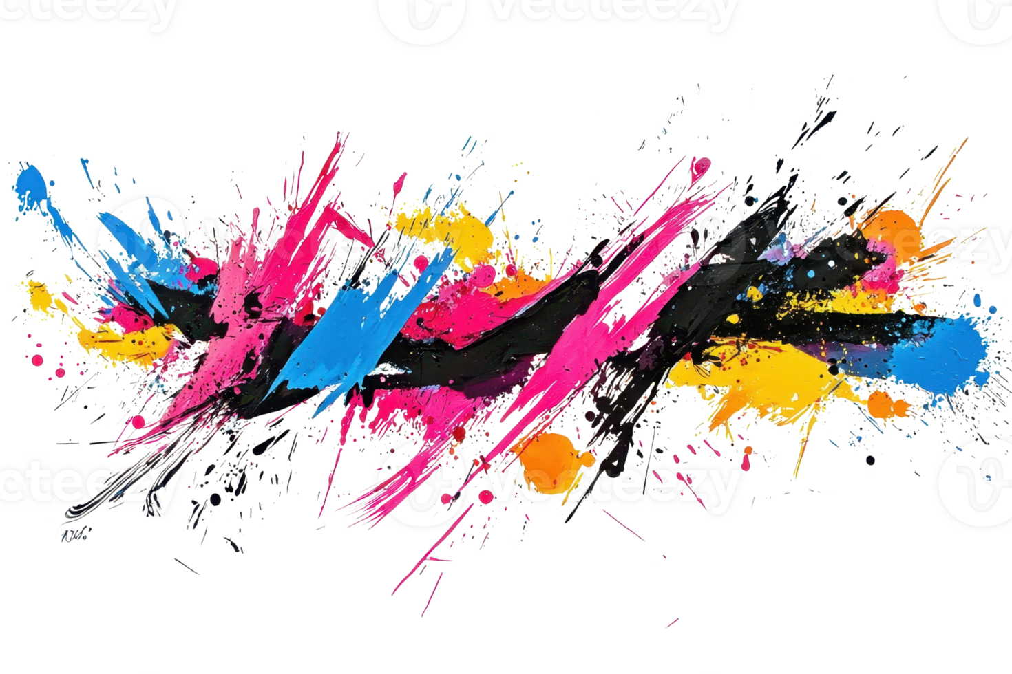 Vibrant abstract painting with striking splashes of pink, blue, yellow, and black, creating an energetic and dynamic visual experience. png