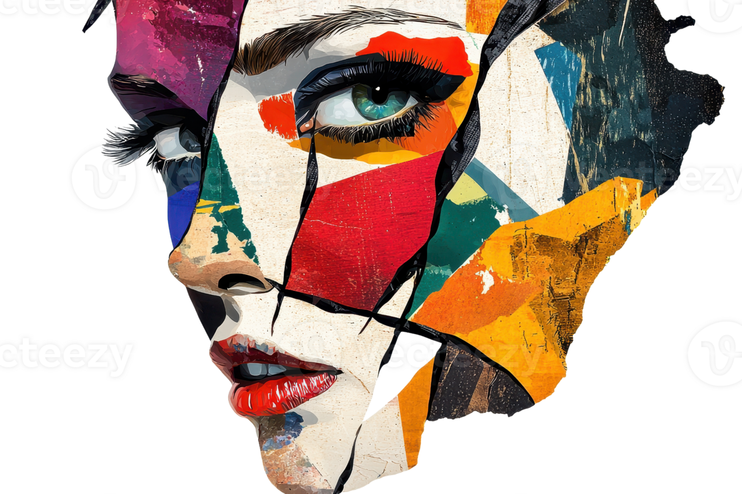 Vibrant abstract portrait of a woman's face with colorful geometric shapes, blending art and emotion in a striking visual composition. png