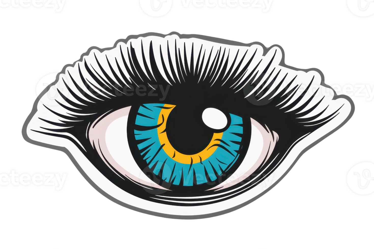 Vibrant blue eye illustration with long lashes and bold lines, capturing attention and creativity in artful design. png
