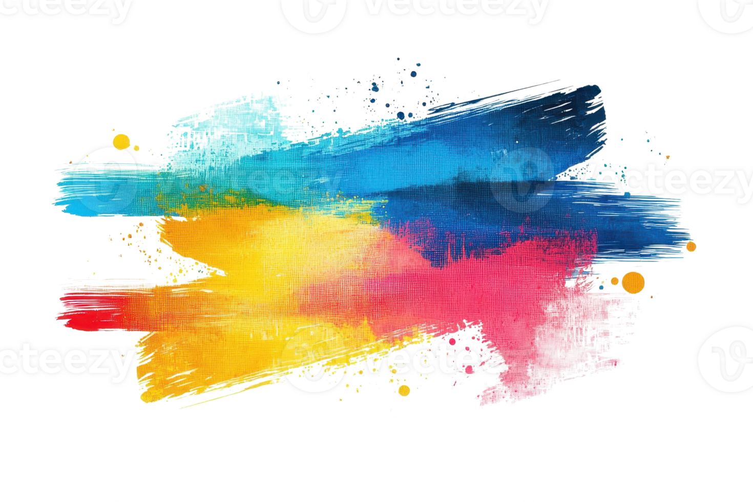 Vibrant abstract watercolor painting with bold blue, red, and yellow brush strokes on a transparent background. showcasing artistic creativity. png