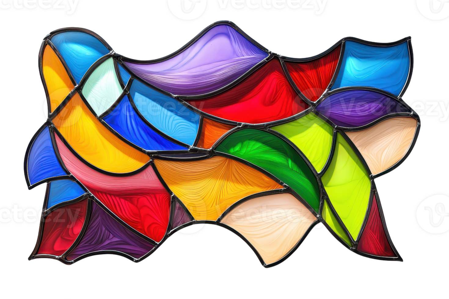 Vibrant abstract stained glass pattern with colorful geometric shapes, creating a dynamic and artistic visual experience. png
