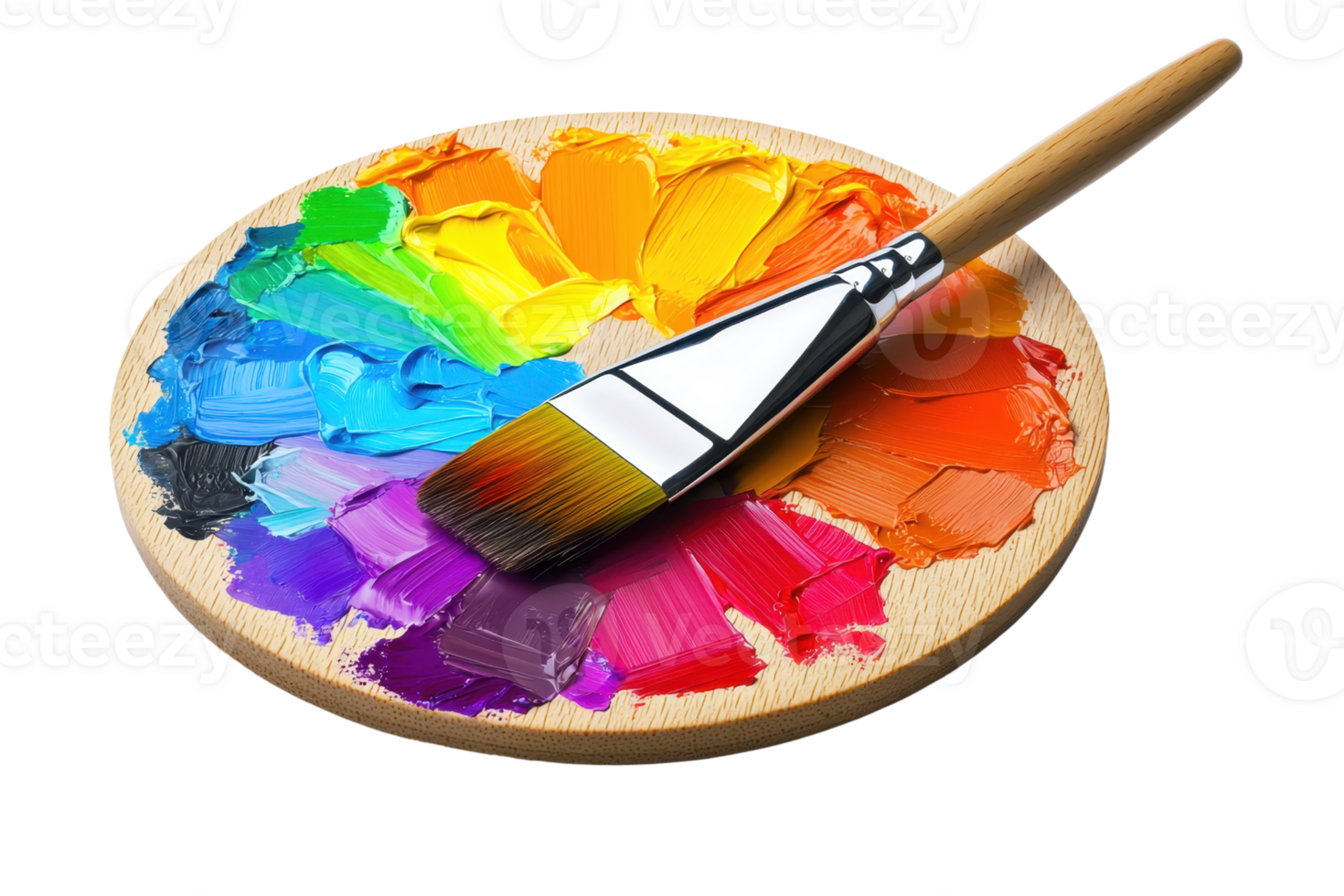 Vibrant artist palette featuring a spectrum of colors with a paintbrush. Ideal for creative projects and design inspiration. png