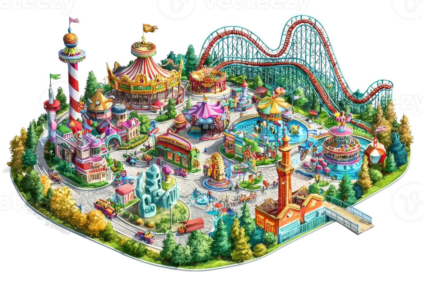Vibrant amusement park illustration with rides, roller coasters, and colorful attractions, offering a fun-filled family adventure. png