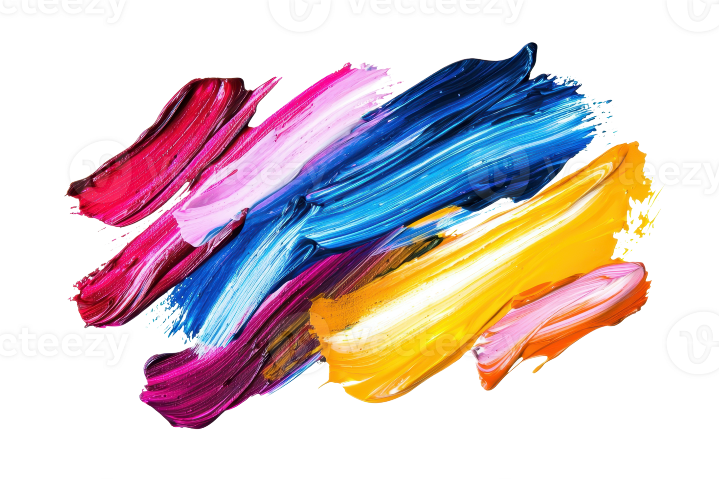 Vibrant brush strokes of red, pink, blue, yellow, and orange paint create a dynamic and colorful abstract composition on transparent background. png