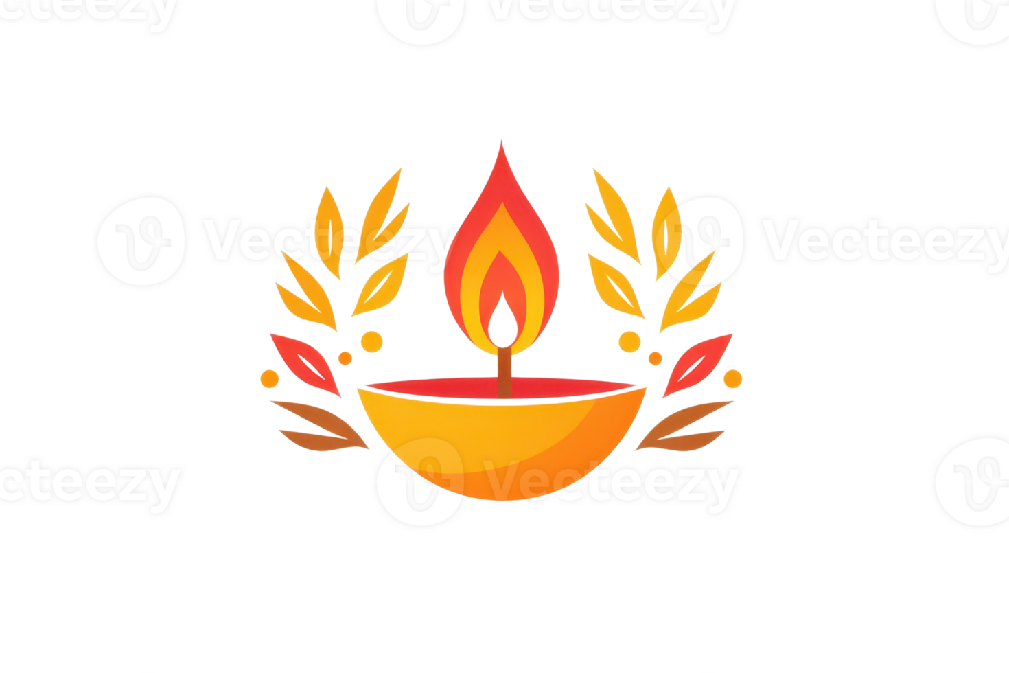 Vibrant illustration of an Indian diya lamp with decorative leaves, symbolizing light and celebration, perfect for festive themes and designs. png