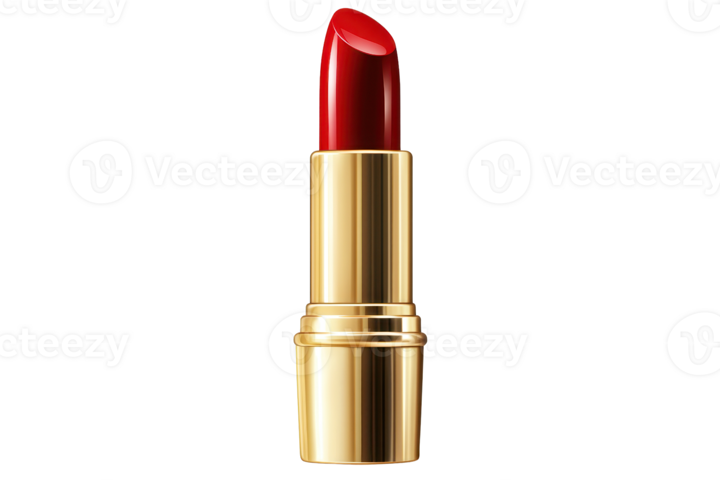 Vibrant red lipstick in elegant gold casing, standing upright against a transparent background. ideal for beauty and cosmetic themes. png