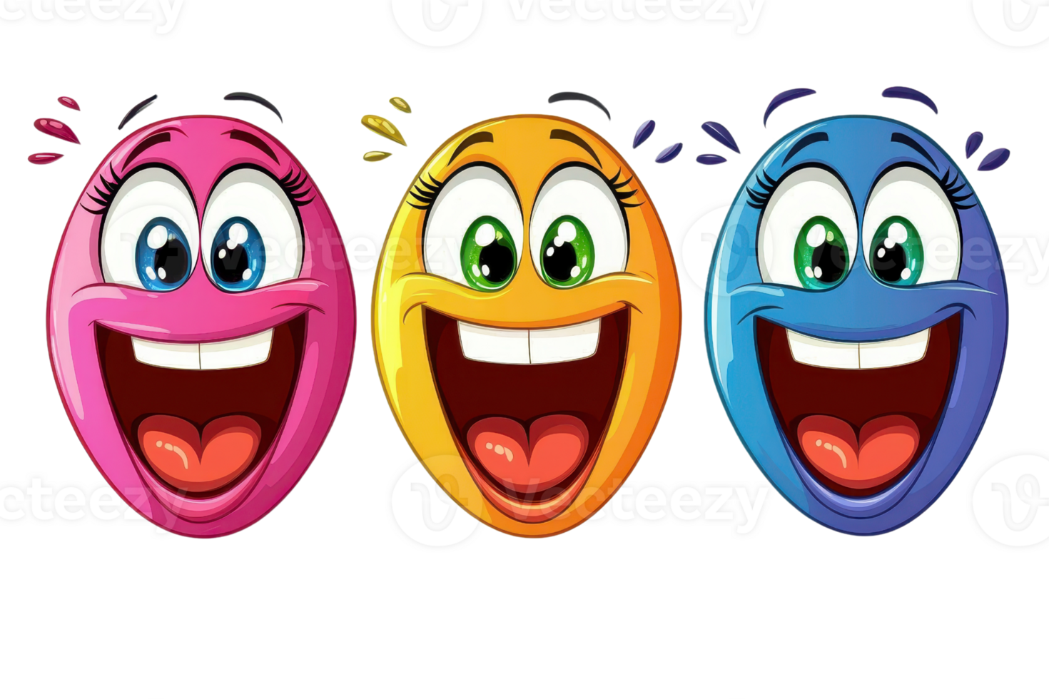 Vibrant cartoon faces with wide smiles, expressing joy and happiness in a colorful illustration. png