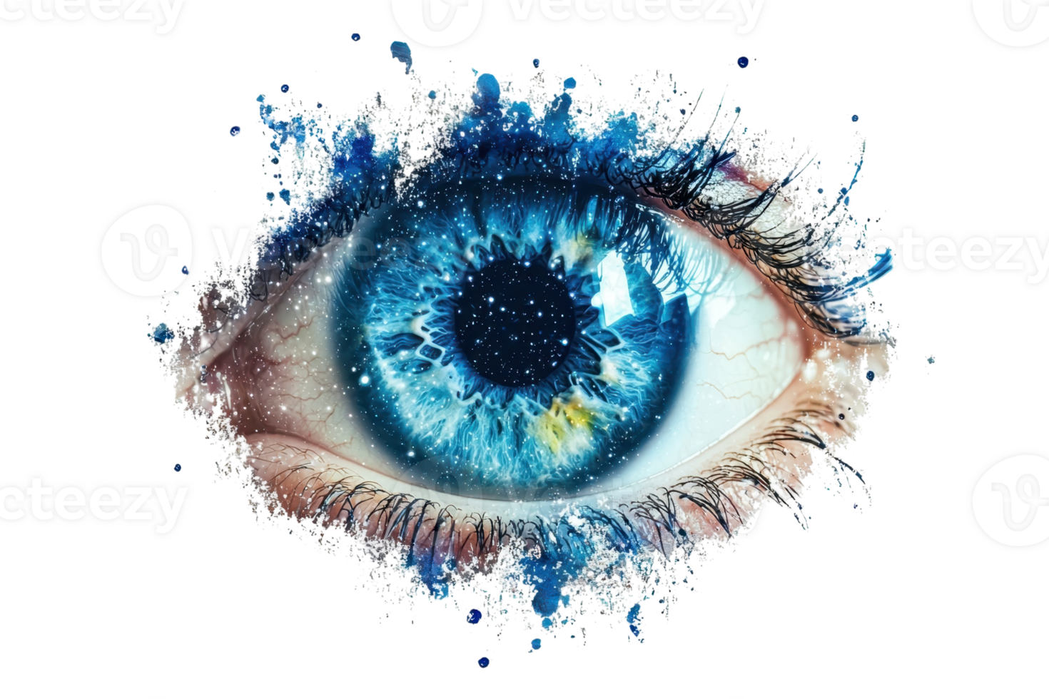 Vibrant artistic blue eye with cosmic detail, blending colors and textures for a surreal, captivating visual experience. png