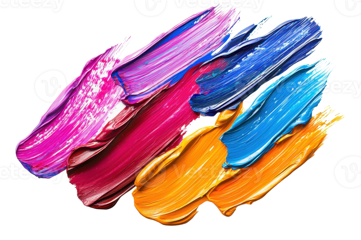 Vibrant brushstrokes of pink, red, blue, and orange paint create a dynamic and colorful abstract art piece on a transparent background. png