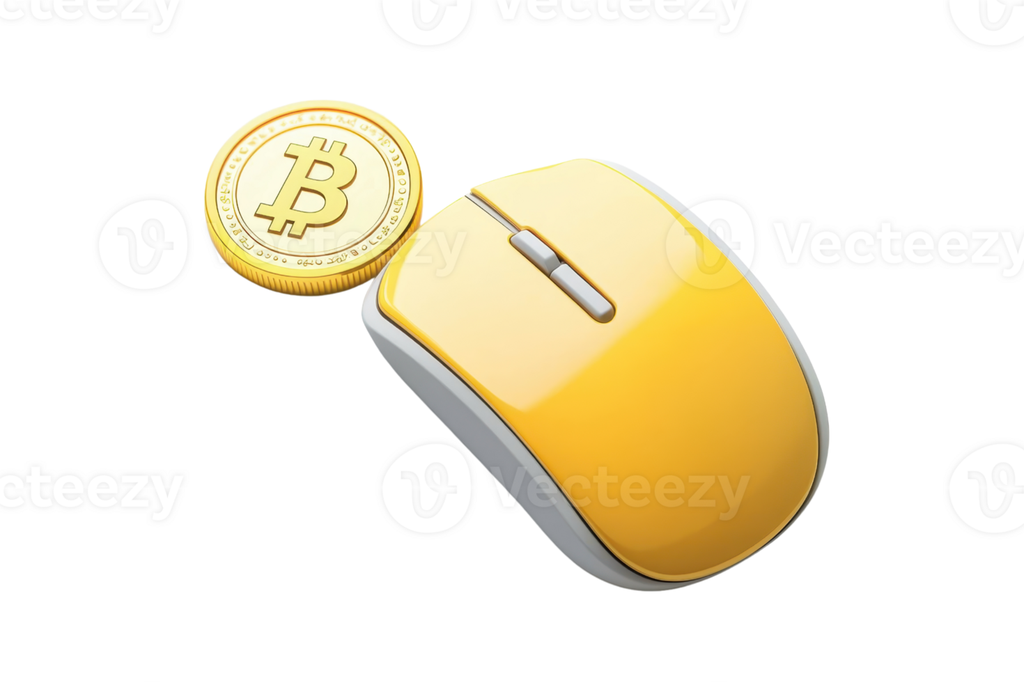 Yellow computer mouse paired with Bitcoin symbol, representing the concept of cryptocurrency and online transactions. Modern finance. png