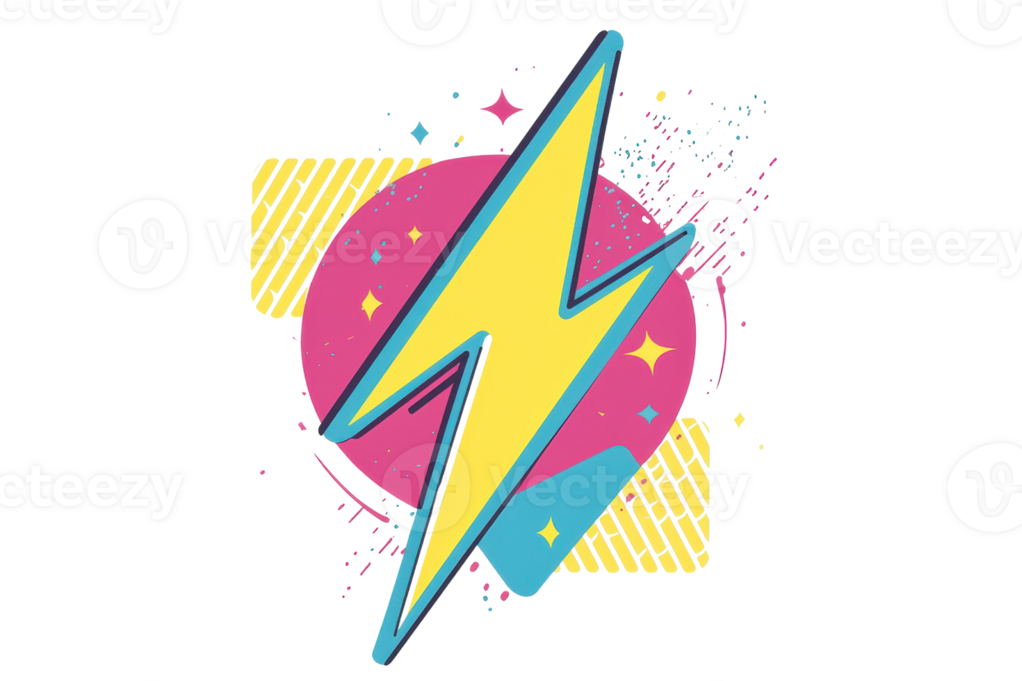 Vibrant pop art lightning bolt design with bold colors and dynamic shapes, capturing energy and excitement in a playful composition. png