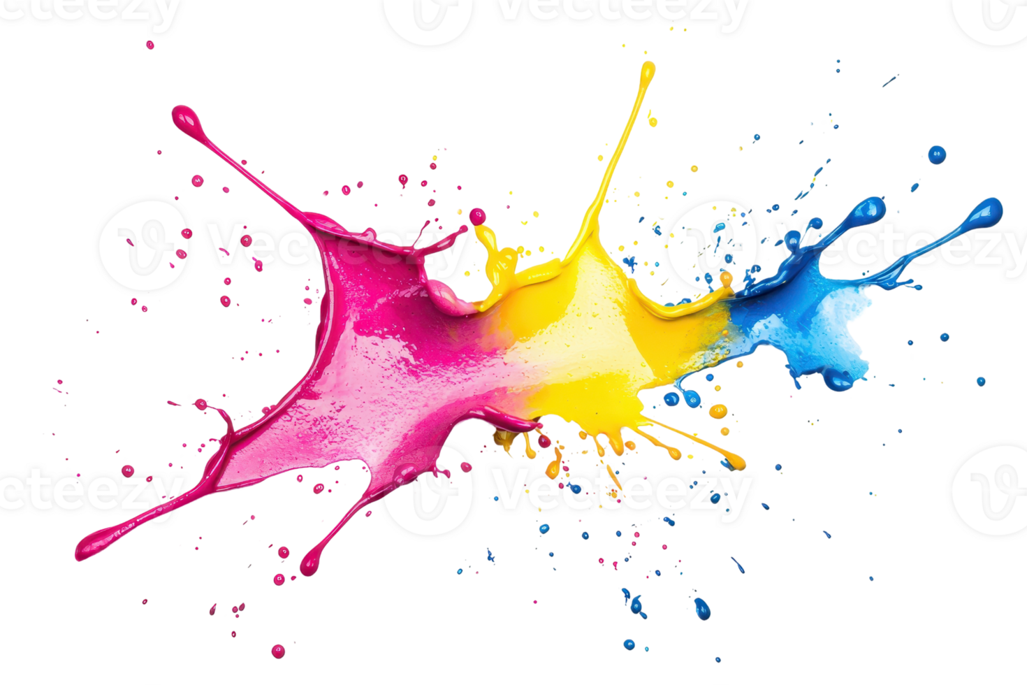Vibrant splash of pink, yellow, and blue paint on transparent background. Dynamic energy, creativity, and color expression in abstract form. png