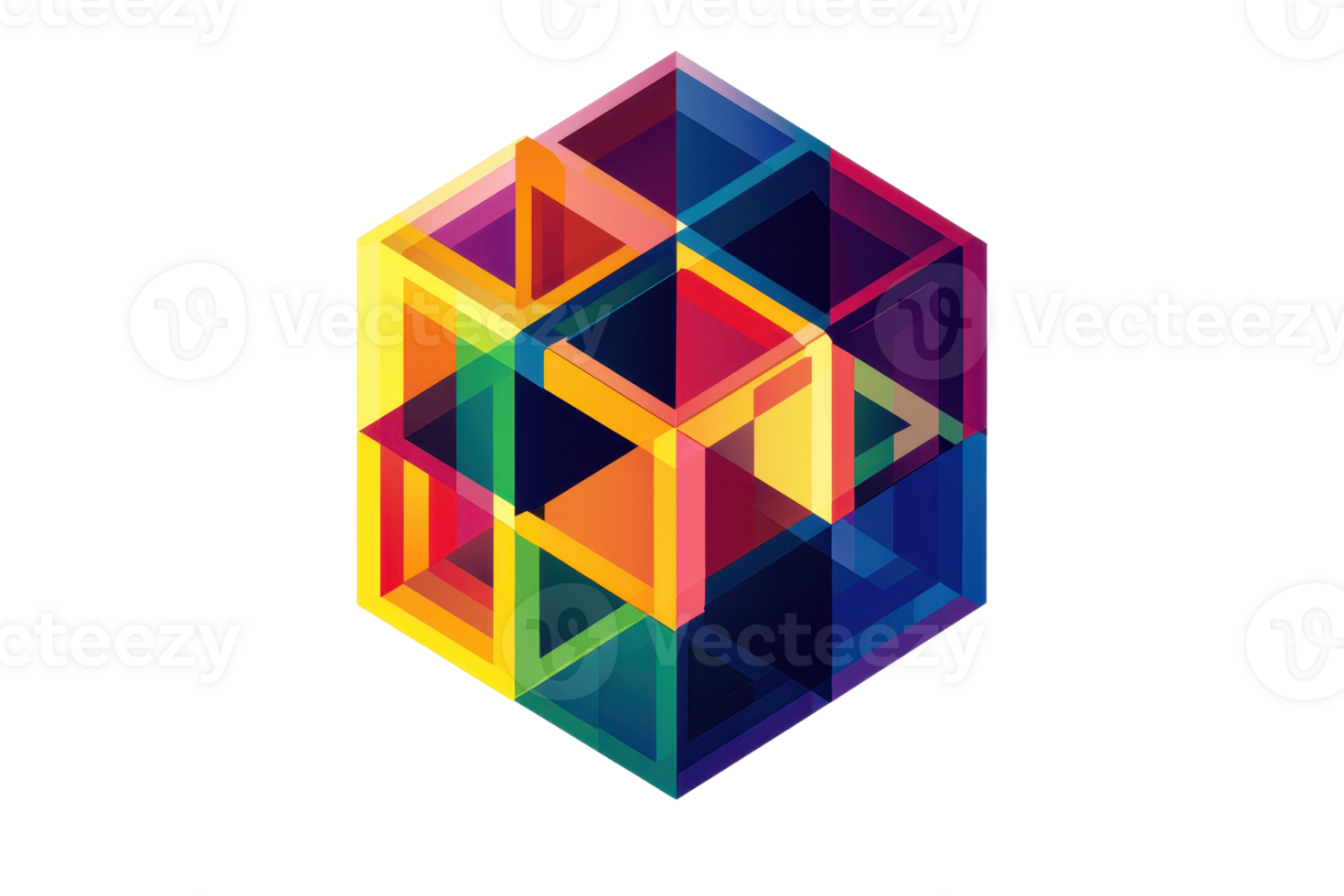 Vibrant geometric cube with colorful interlocking patterns, creating a dynamic and abstract visual effect. Perfect for modern design projects. png