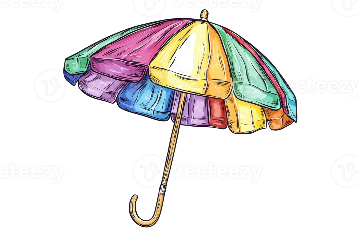 Vibrant, multicolored umbrella against a transparent background. Ideal for weather-related themes, rain protection, and colorful designs. png