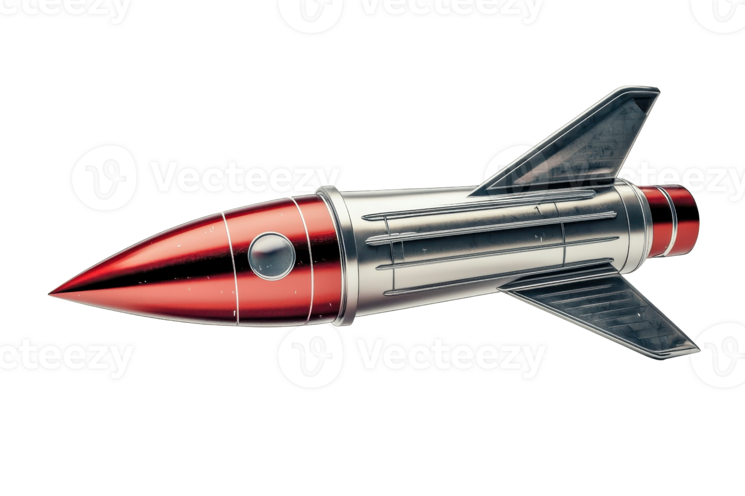 Vintage toy metal rocket ship with red and silver coloring isolated on transparent background. representing retro space exploration and nostalgia. png