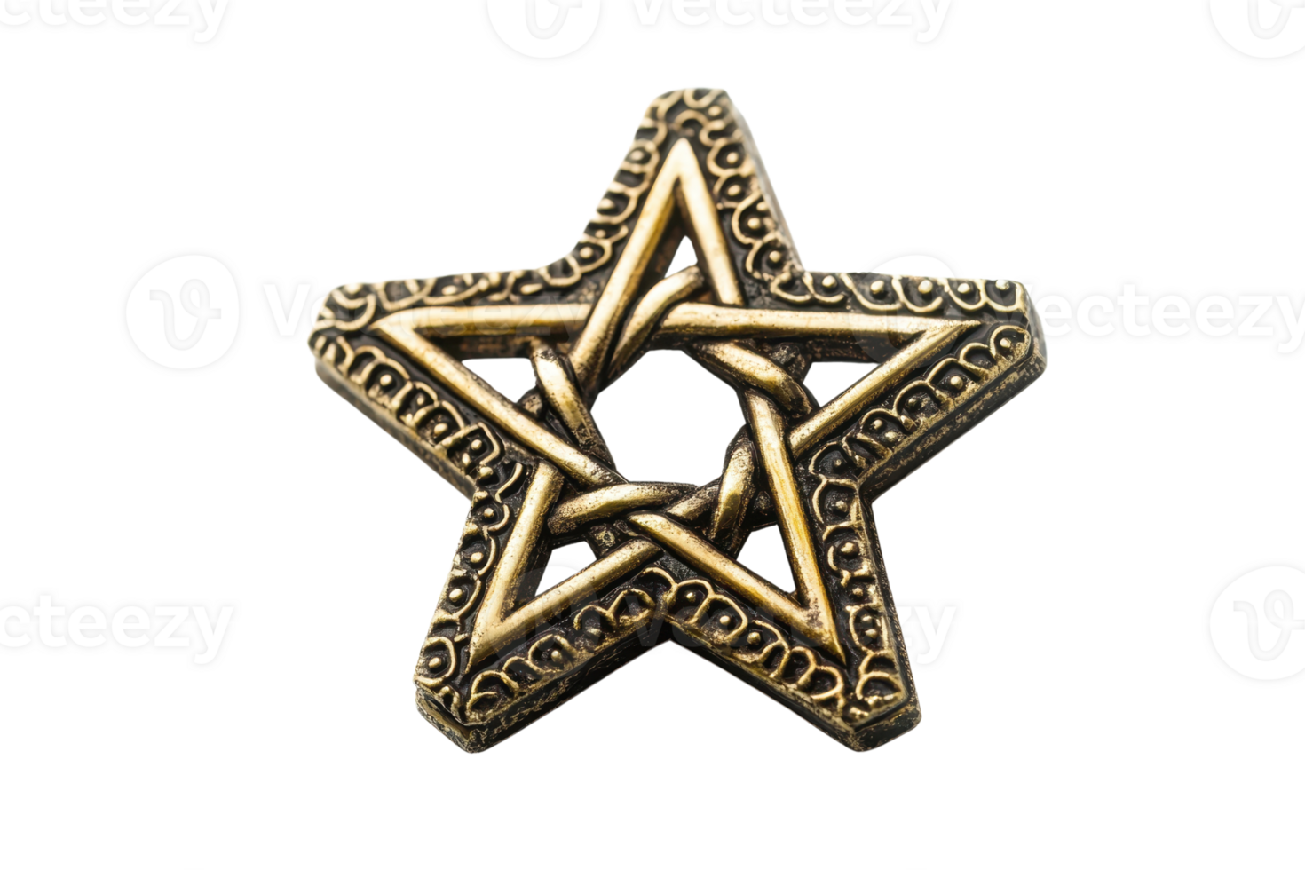 Vintage bronze star ornament with intricate patterns, isolated on transparent background. Perfect for design, decoration, and craft projects. png