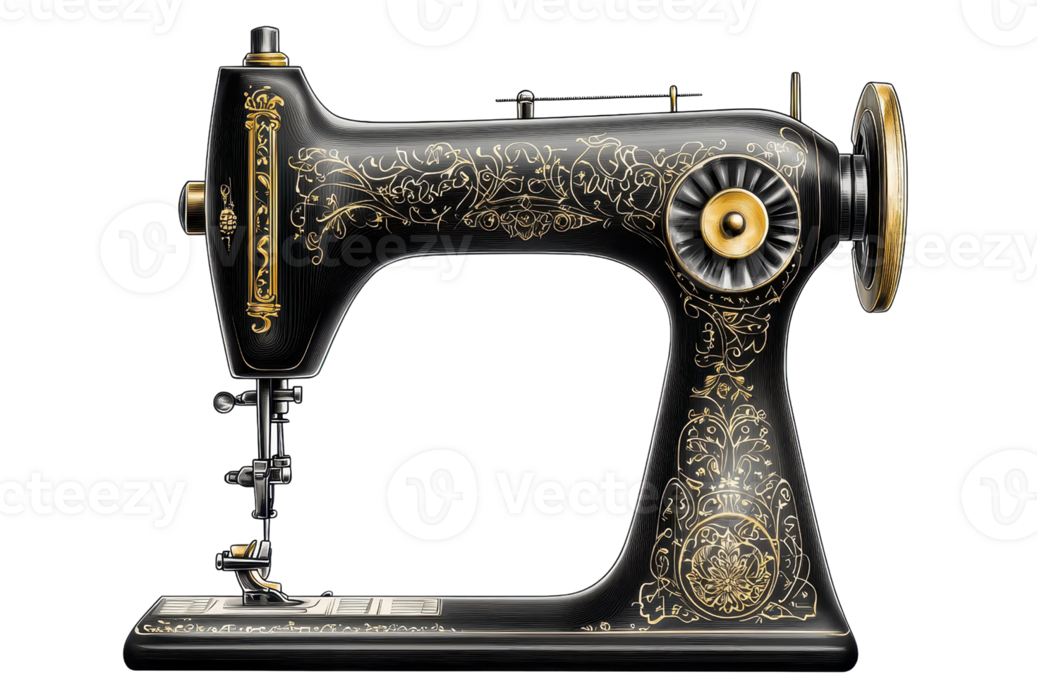 Vintage black sewing machine with intricate golden details, isolated on a transparent background. Perfect for crafting and fashion projects. png