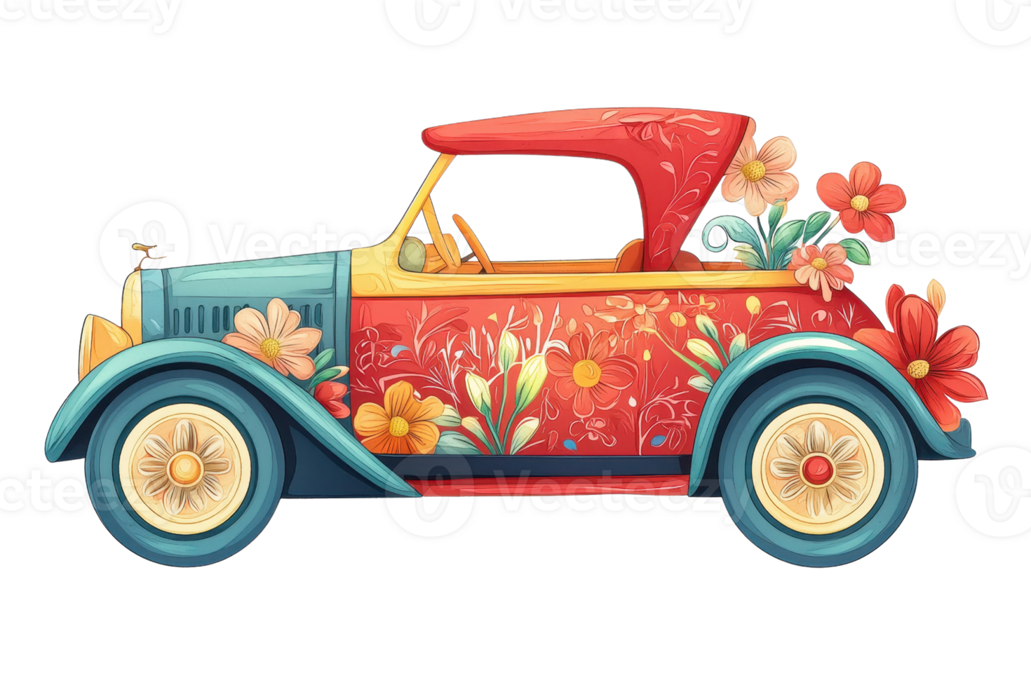 Vintage car illustration with floral designs and vibrant colors, evoking a sense of nostalgia and artistic creativity. png