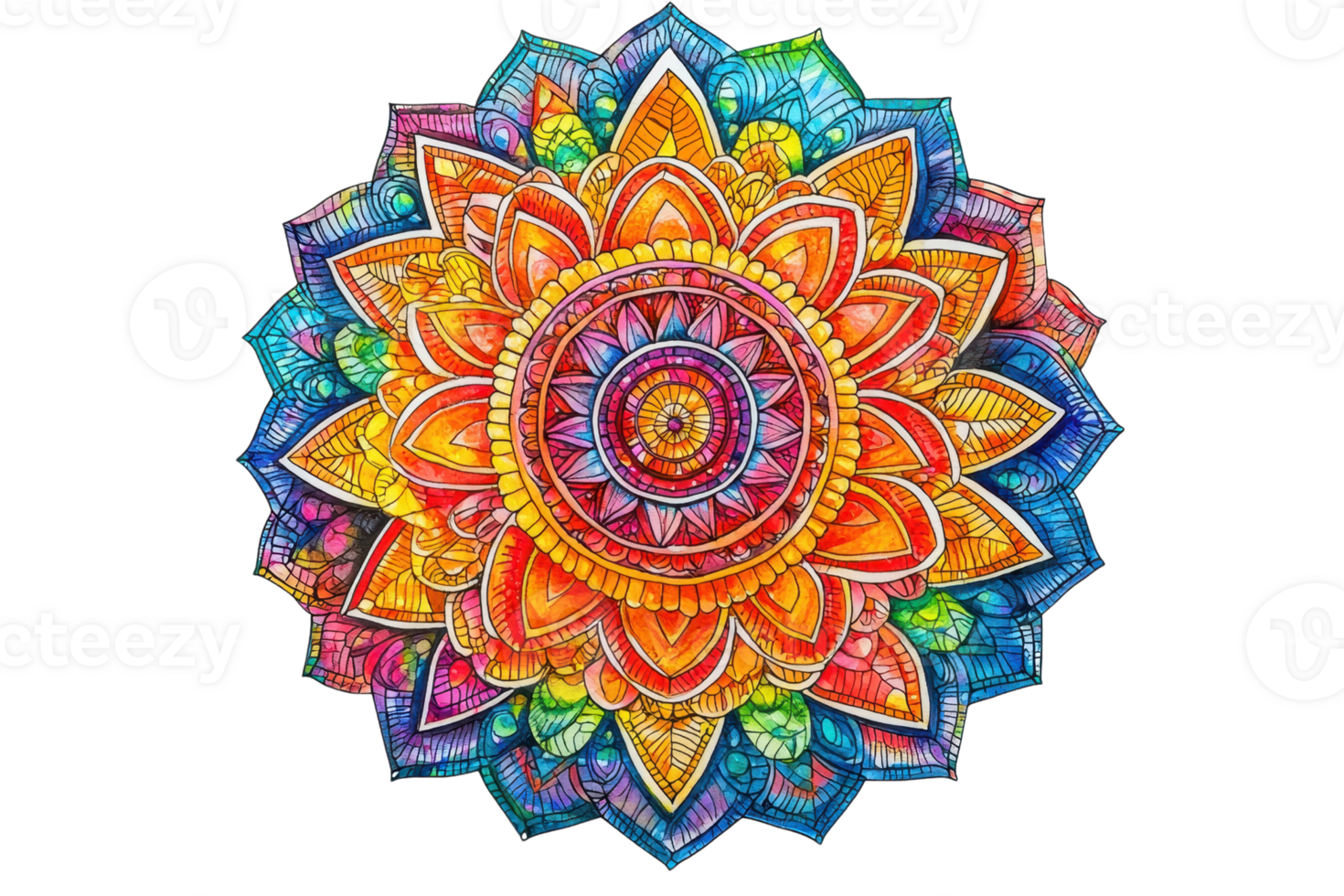 Vibrant mandala artwork featuring intricate patterns and colorful details, perfect for inspiring creativity and meditation practices. png