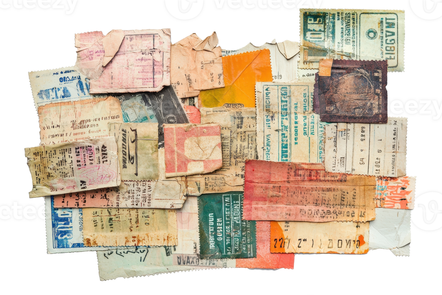 Vintage collection of old tickets and stubs, showcasing history and nostalgia with colorful paper artifacts from different events. png