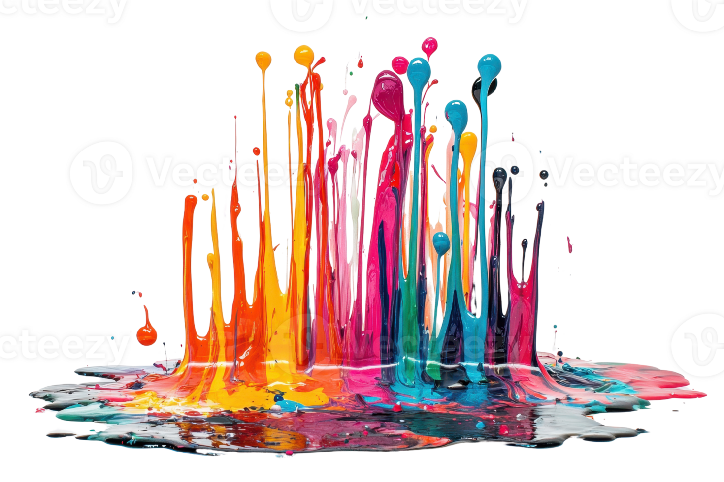 Vivid paint splashes frozen in dynamic motion, creating a colorful and abstract artistic display against a transparent background. png
