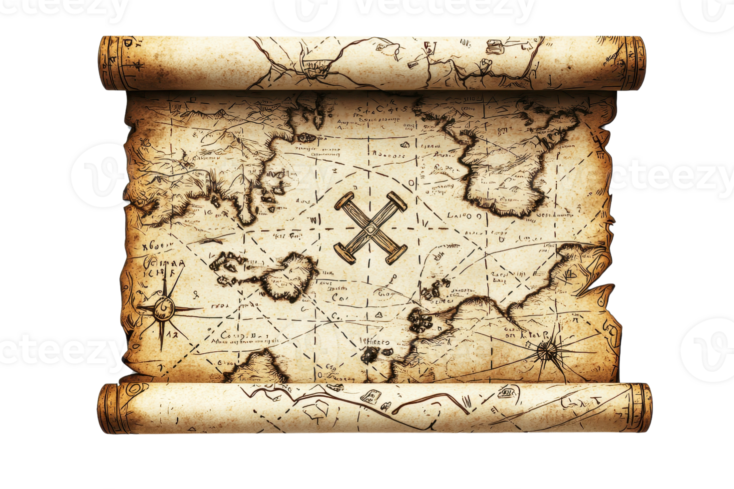 Vintage treasure map on aged parchment, revealing mysterious landscapes, oceans, and pirate routes, evoking adventure and exploration. png