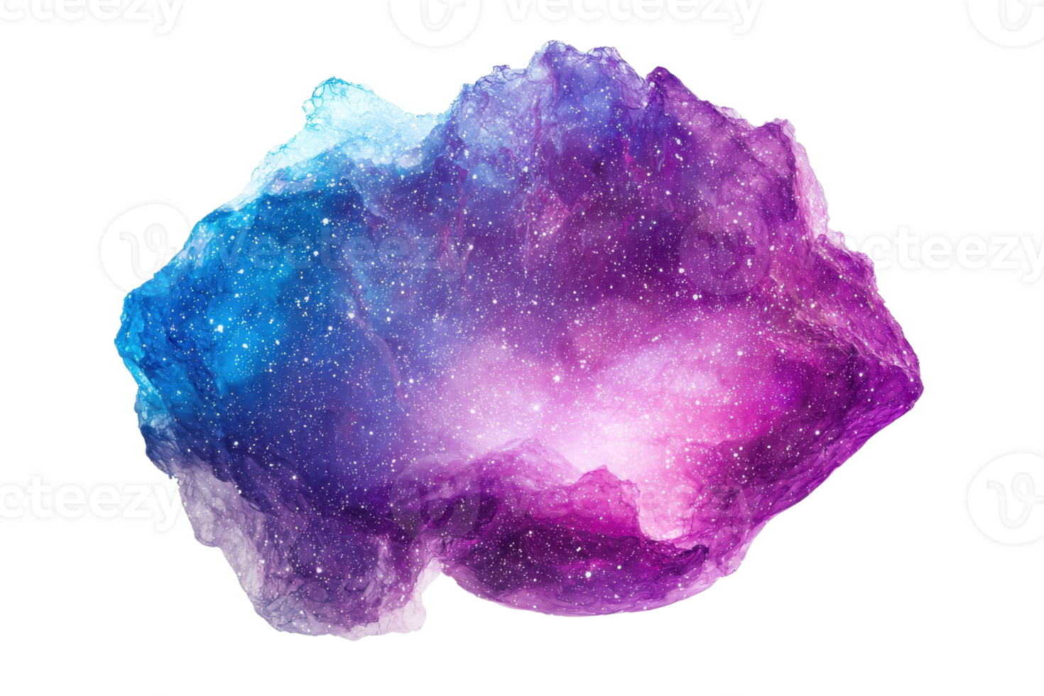 Vivid cosmic cloud with vibrant blue and purple hues, creating a celestial and surreal atmosphere full of stars against a dark background. png