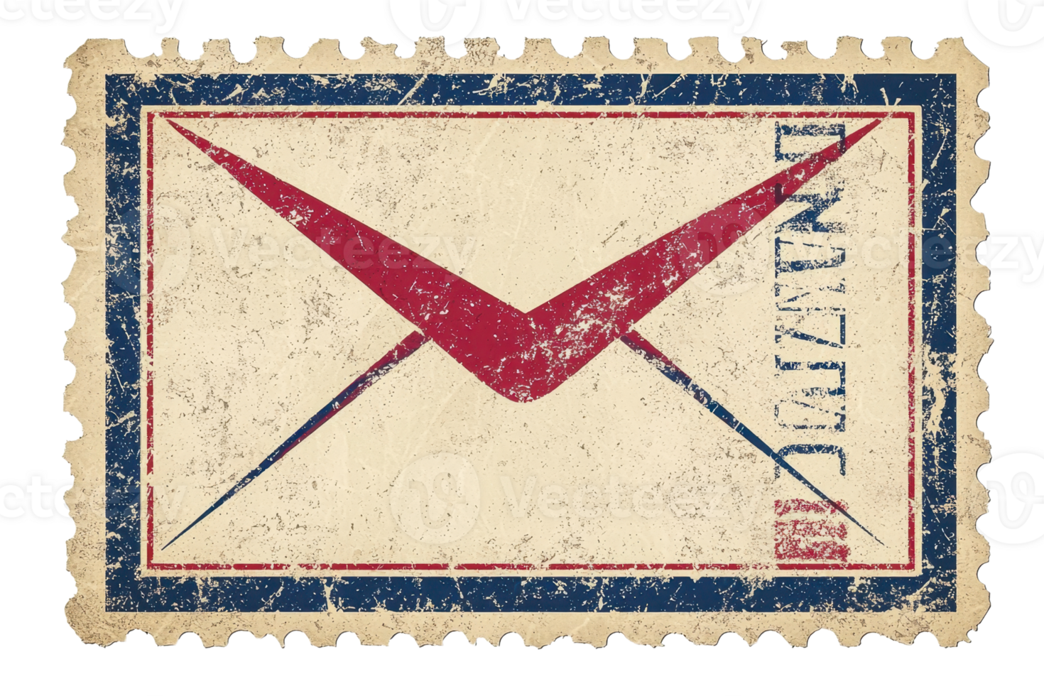 Vintage postal stamp featuring a red envelope icon with a distressed texture, evoking nostalgia and the essence of traditional mail. png