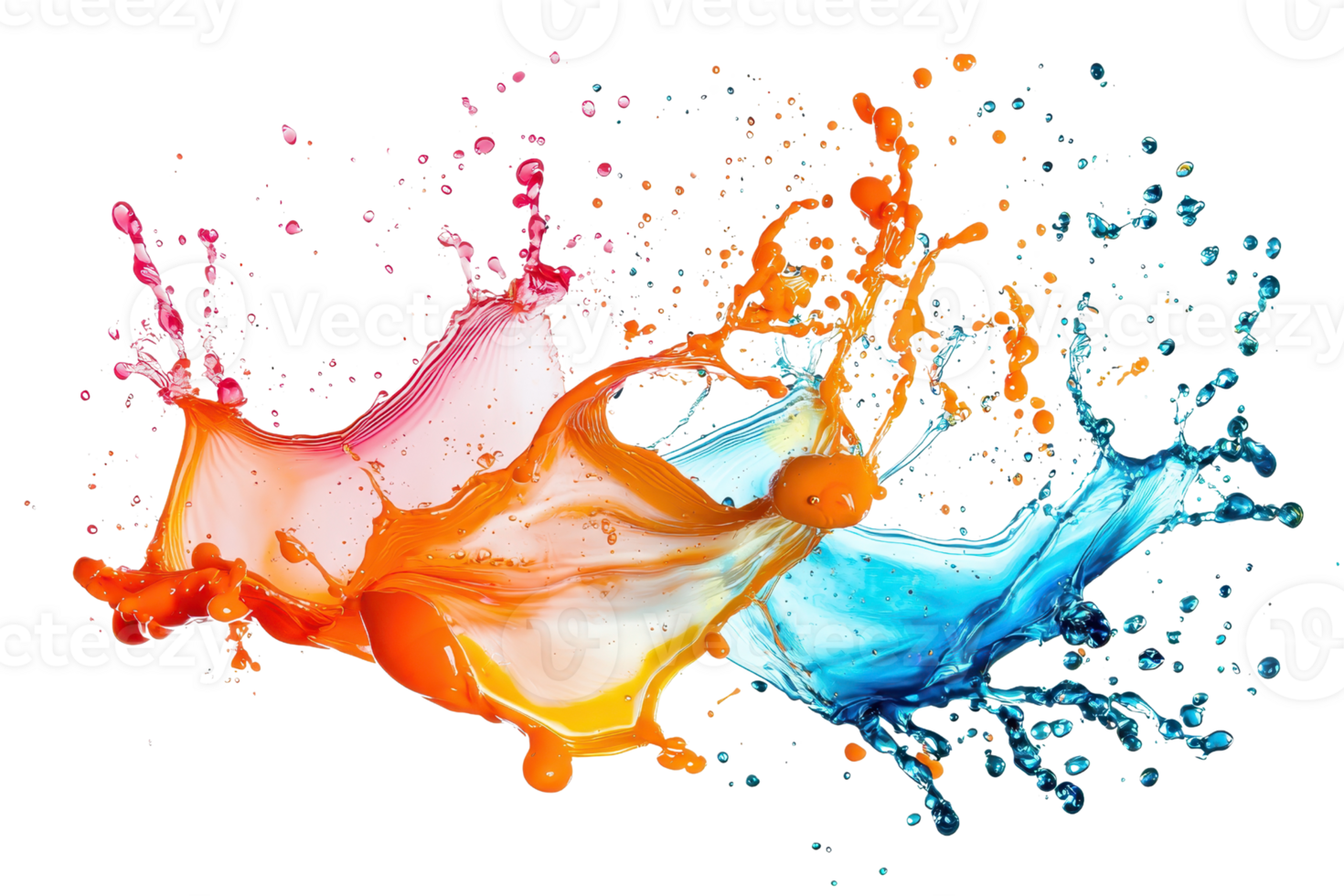 Vivid splash of colorful paint captured mid-air, blending vibrant red, orange, blue, and pink hues, creating a dynamic and artistic visual. png