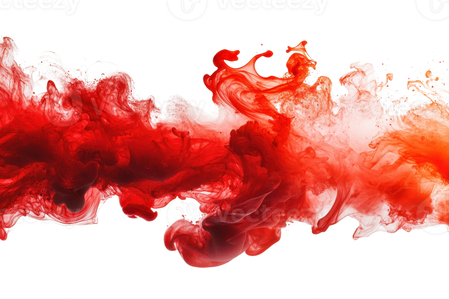 Vivid red and white ink flowing in water, creating abstract art with swirling motion and dynamic contrast in a mesmerizing visual display. png