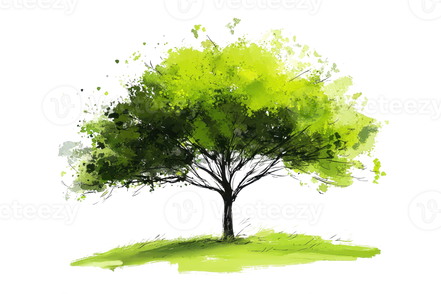Watercolor painting of a lush green tree on a grassy hill, capturing the tranquility and beauty of nature in vibrant strokes. png