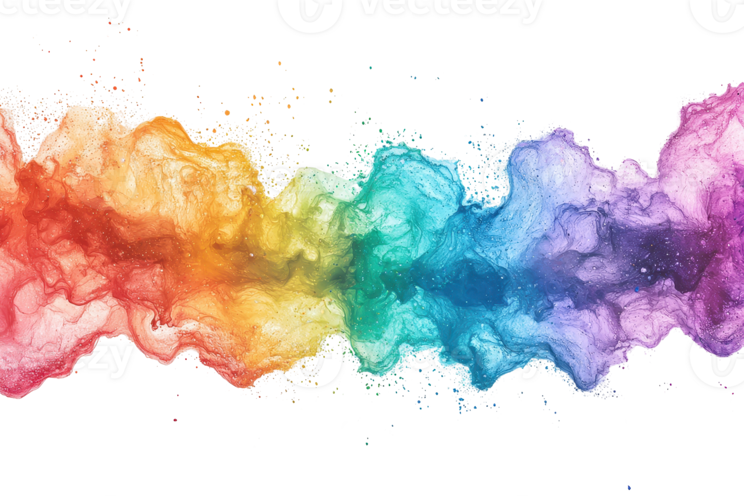 Vivid rainbow-colored ink cloud swirling in clear water, creating an abstract and vibrant artistic background with dynamic flowing movement. png