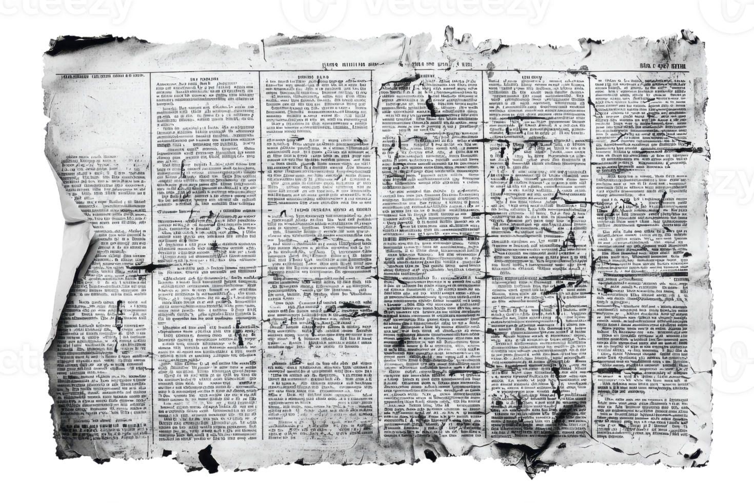 Vintage torn newspaper page with black text, showing signs of wear and age, isolated on transparent background. Perfect for nostalgic themes. png