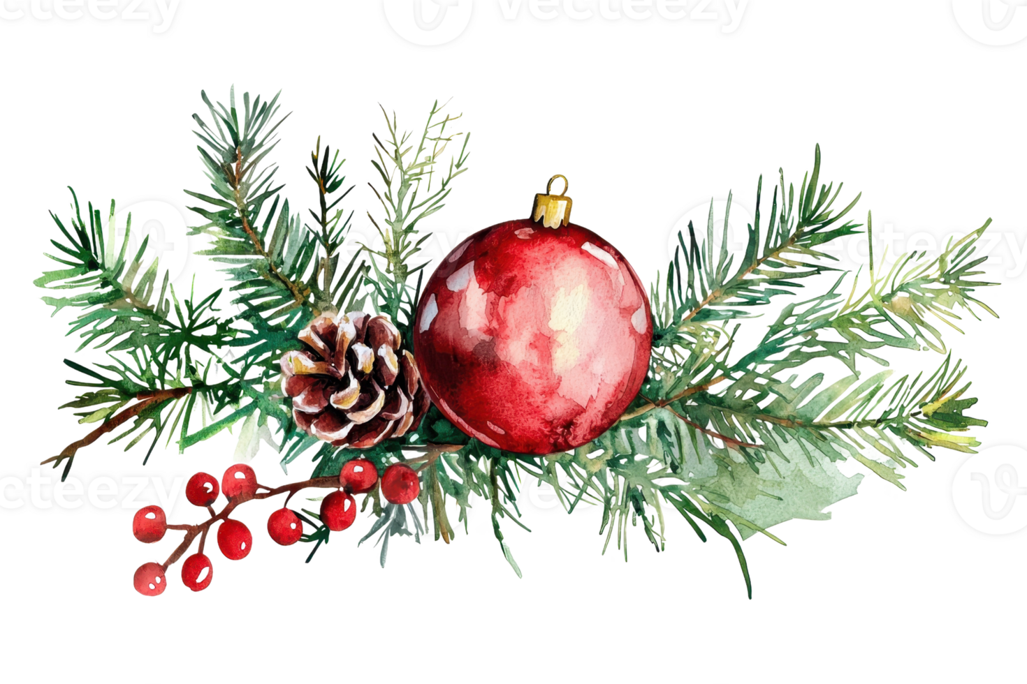Watercolor Christmas decoration with red bauble, pine branches, pine cone, and berries. Festive holiday illustration. png