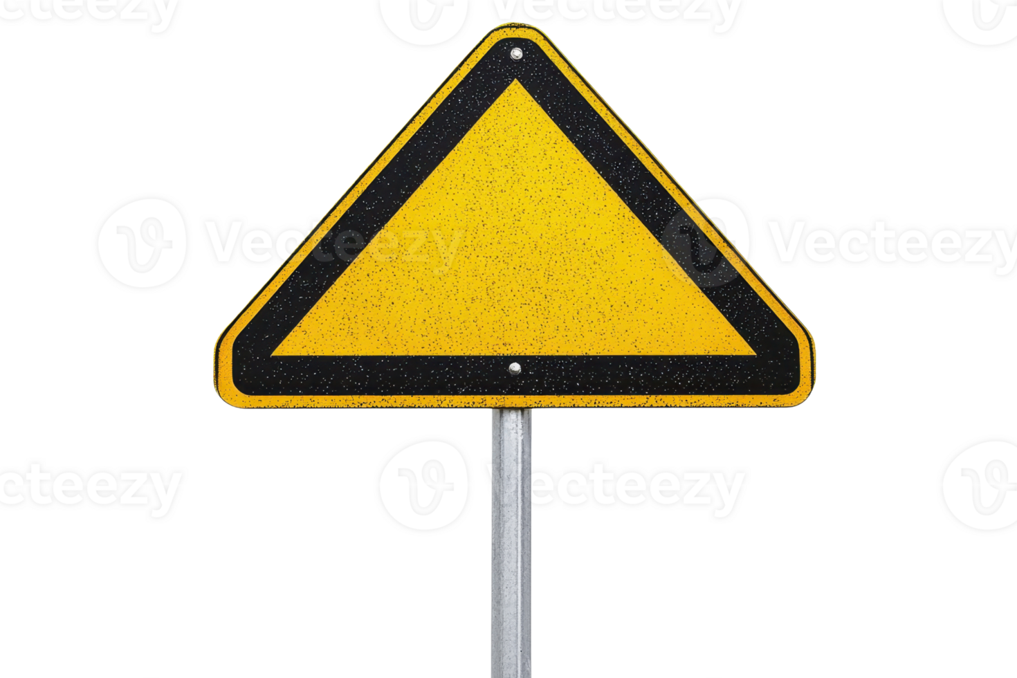 Yellow triangular road sign with metal pole, isolated on transparent background. Ideal for traffic, safety, and warning concepts. png