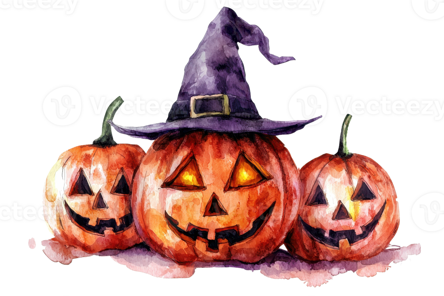 Watercolor painting of three jack-o'-lanterns with carved faces and a witch hat, perfect for Halloween decoration and design ideas. png